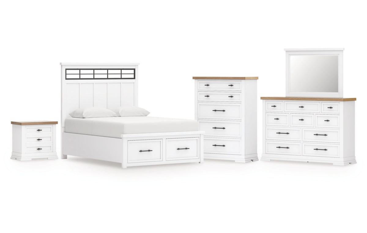 Ashbryn King Panel Storage Bed, Dresser, Mirror, Chest and Nightstand