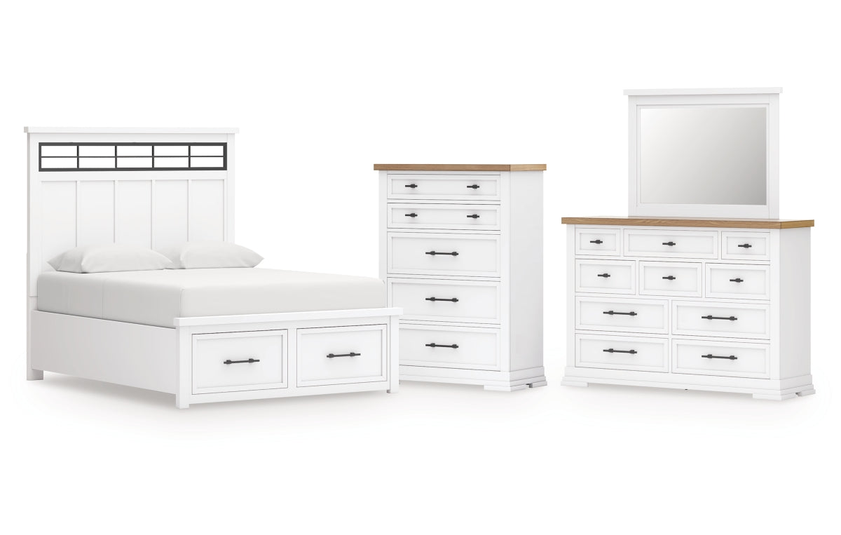 Ashbryn King Panel Storage Bed with Mirrored Dresser and Chest