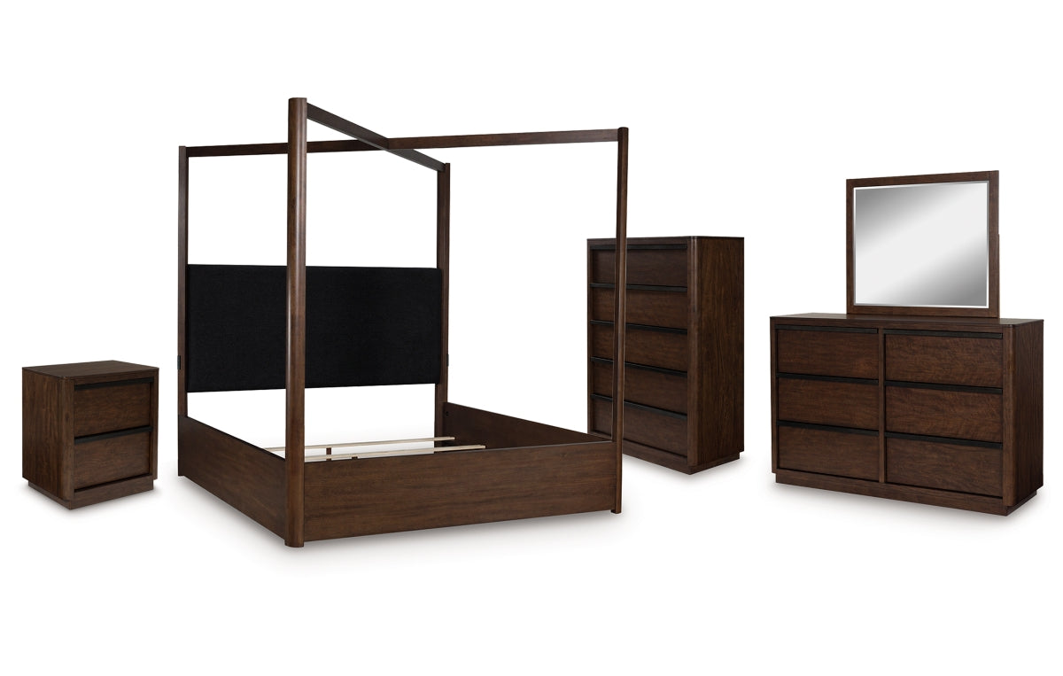Dilenno California King Canopy Bed with Mirrored Dresser, Chest and Nightstand