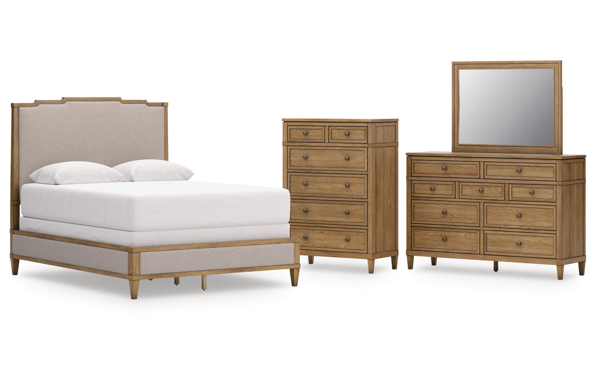 Sharlance Queen Upholstered Panel Bed with Mirrored Dresser and Chest