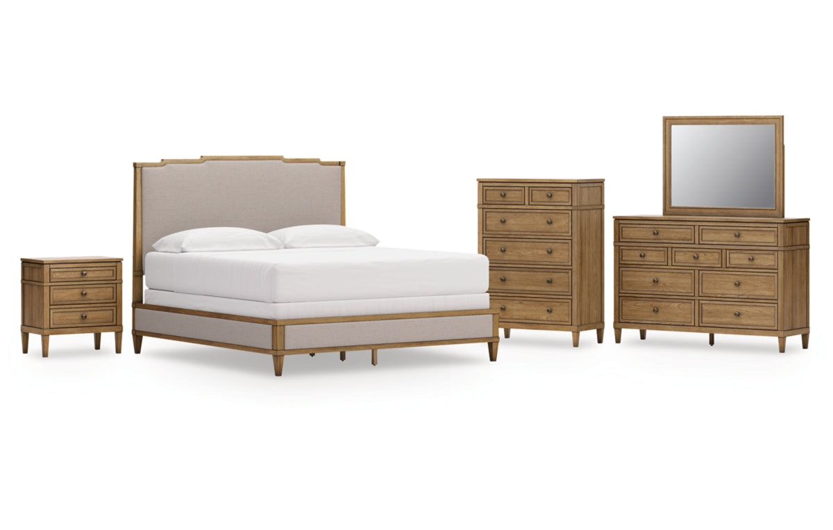 Sharlance King Upholstered Panel Bed with Mirrored Dresser, Chest and Nightstand
