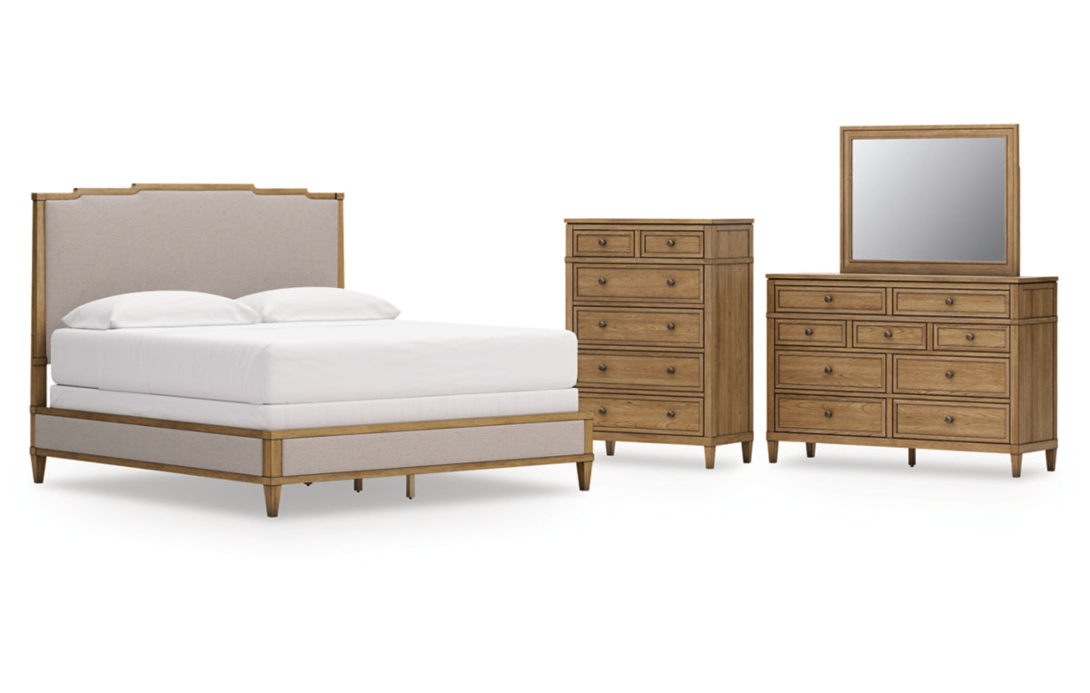 Sharlance King Upholstered Panel Bed with Mirrored Dresser and Chest