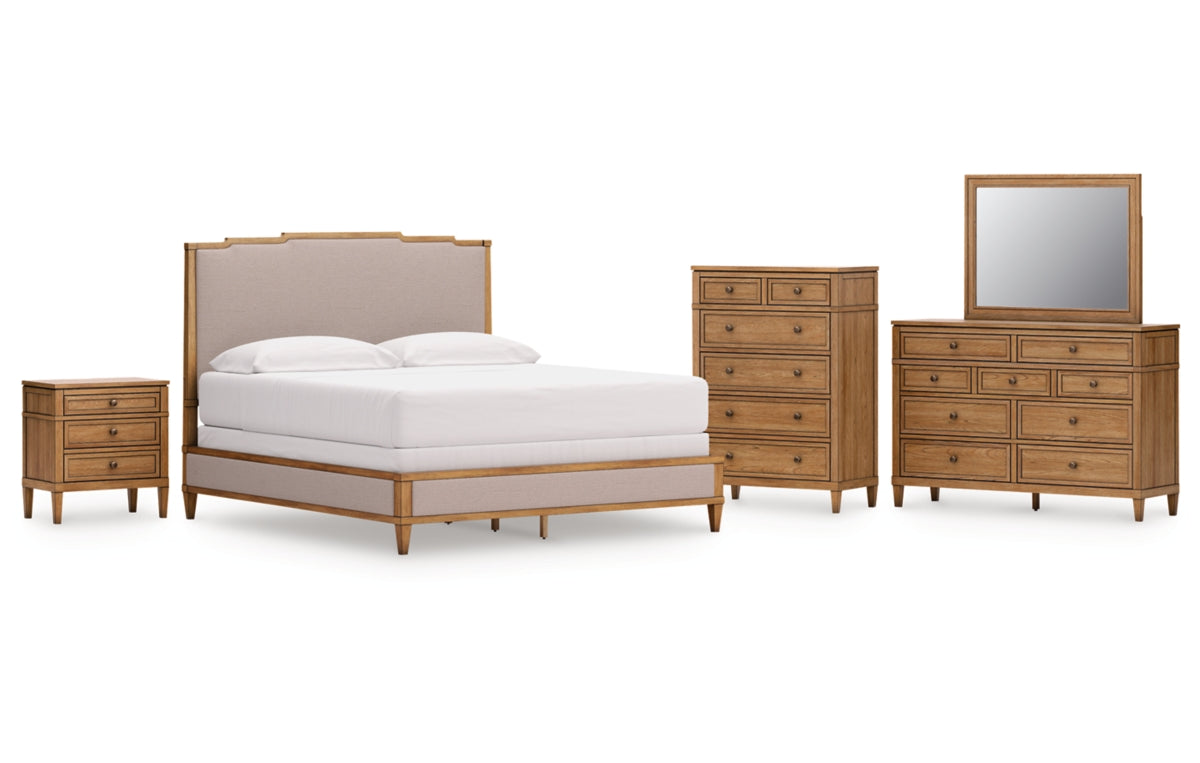 Sharlance California King Upholstered Panel Bed with Mirrored Dresser, Chest and Nightstand