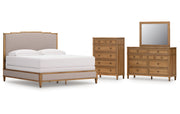 Sharlance California King Upholstered Panel Bed with Mirrored Dresser and Chest