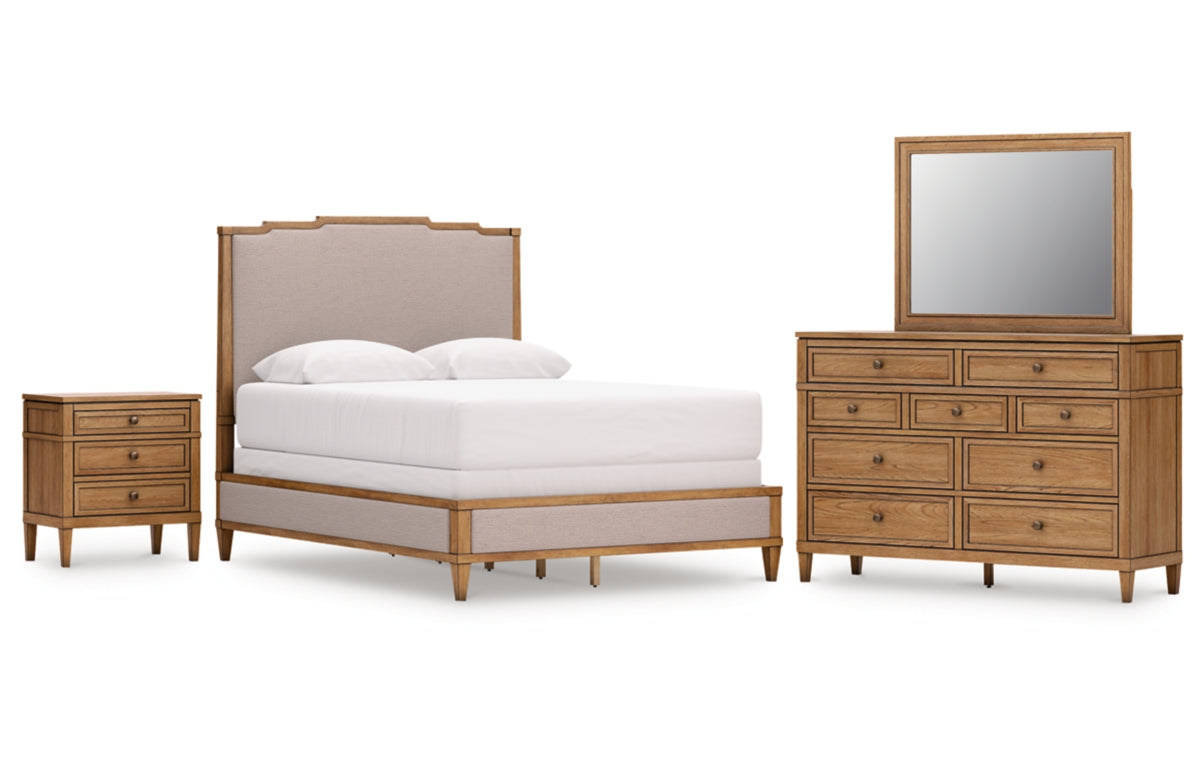 Sharlance Queen Upholstered Panel Bed with Mirrored Dresser and Nightstand
