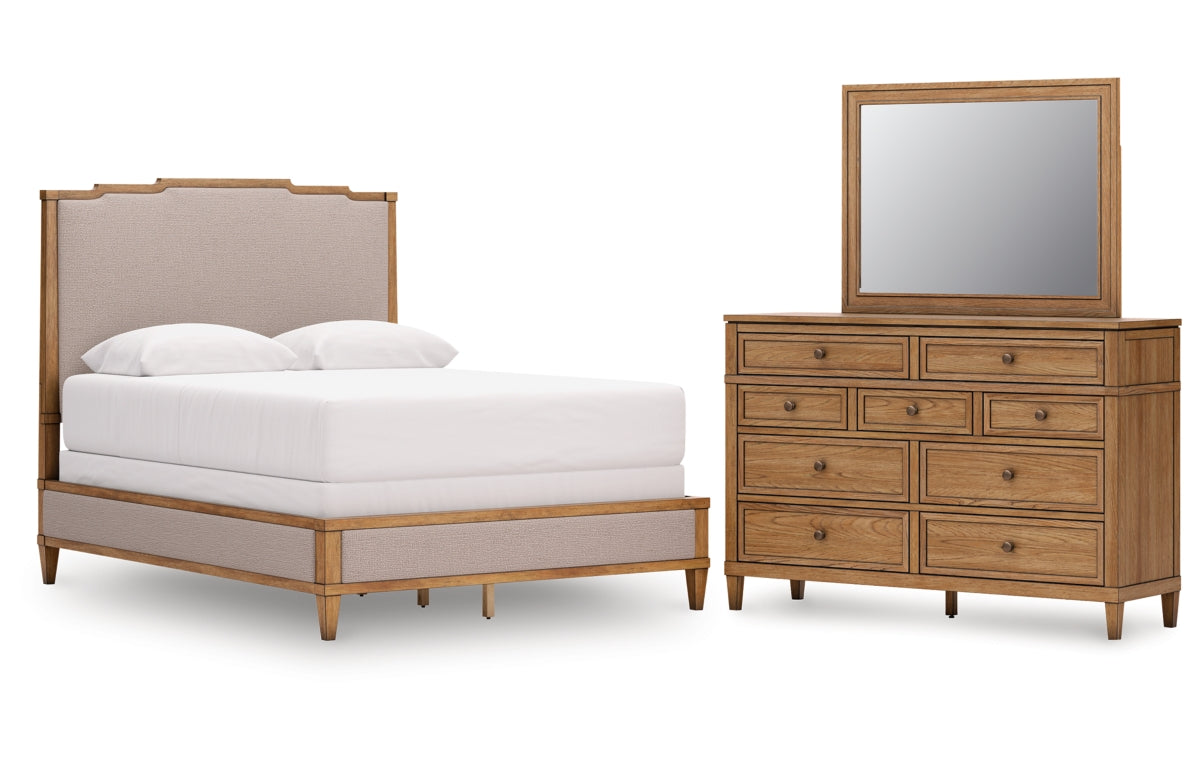 Sharlance Queen Upholstered Panel Bed with Mirrored Dresser