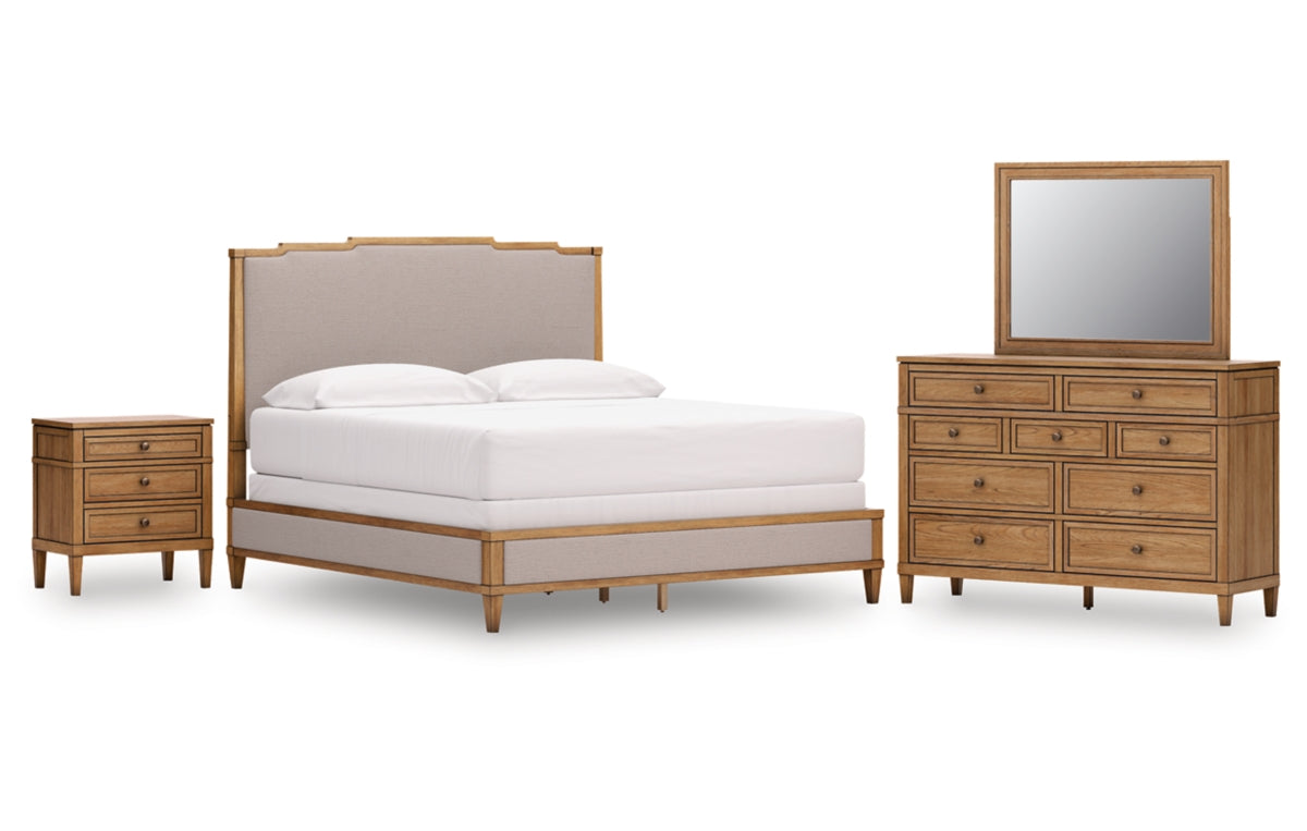 Sharlance King Upholstered Panel Bed with Mirrored Dresser and Nightstand