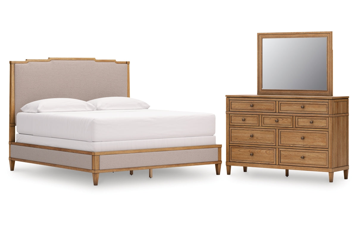 Sharlance King Upholstered Panel Bed with Mirrored Dresser