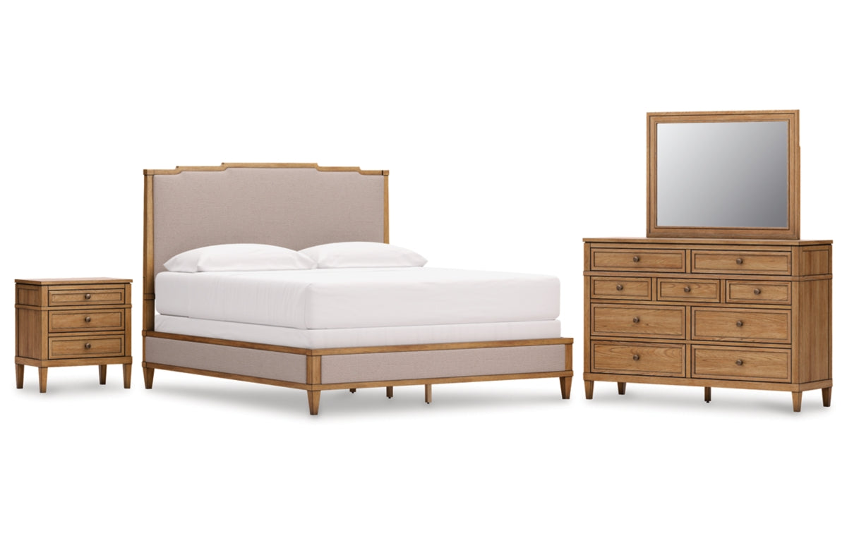 Sharlance California King Upholstered Panel Bed with Mirrored Dresser and Nightstand