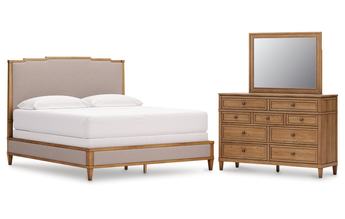 Sharlance California King Upholstered Panel Bed, Dresser and Mirror