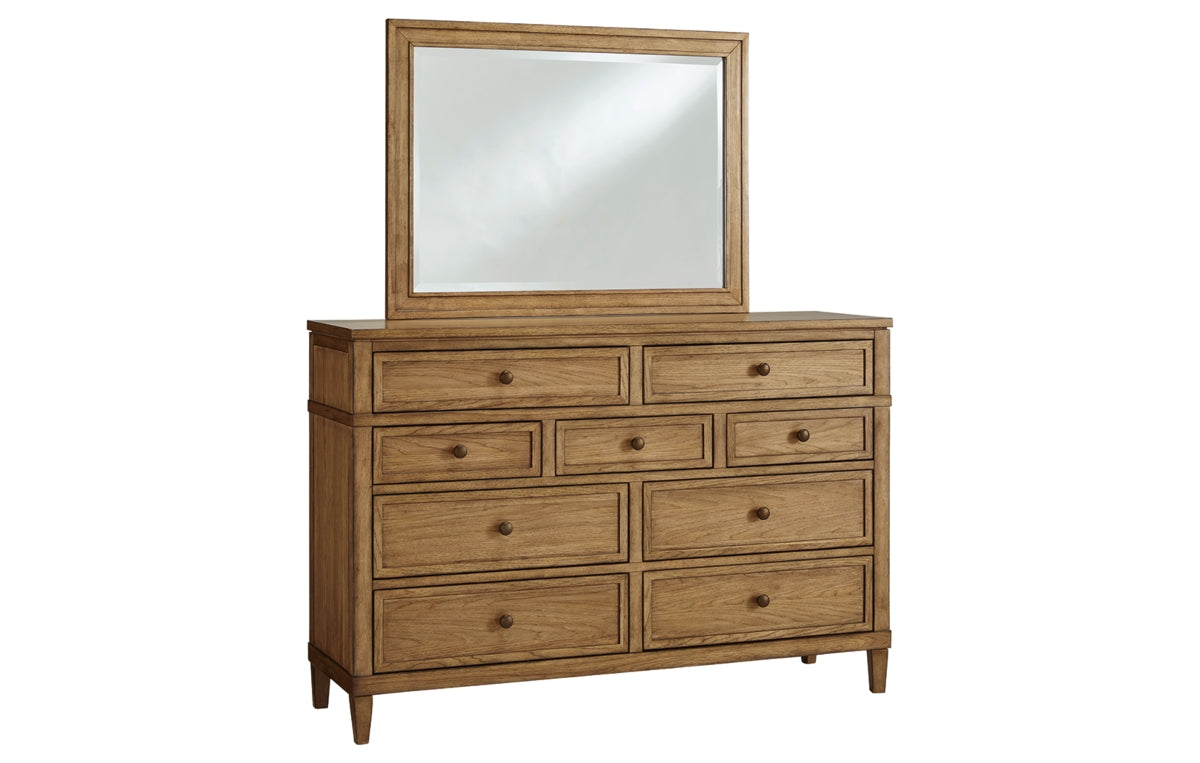 Sharlance California King Upholstered Panel Bed with Mirrored Dresser and Chest