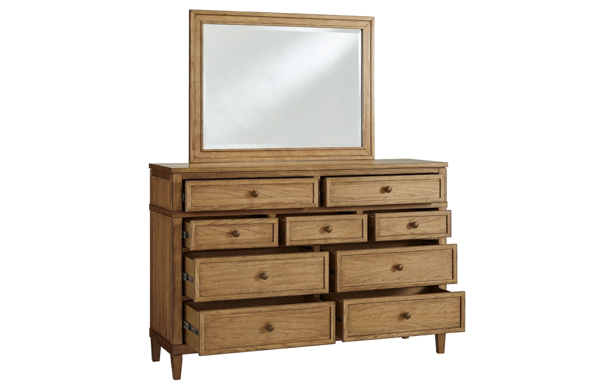Sharlance California King Upholstered Panel Bed with Mirrored Dresser and Chest