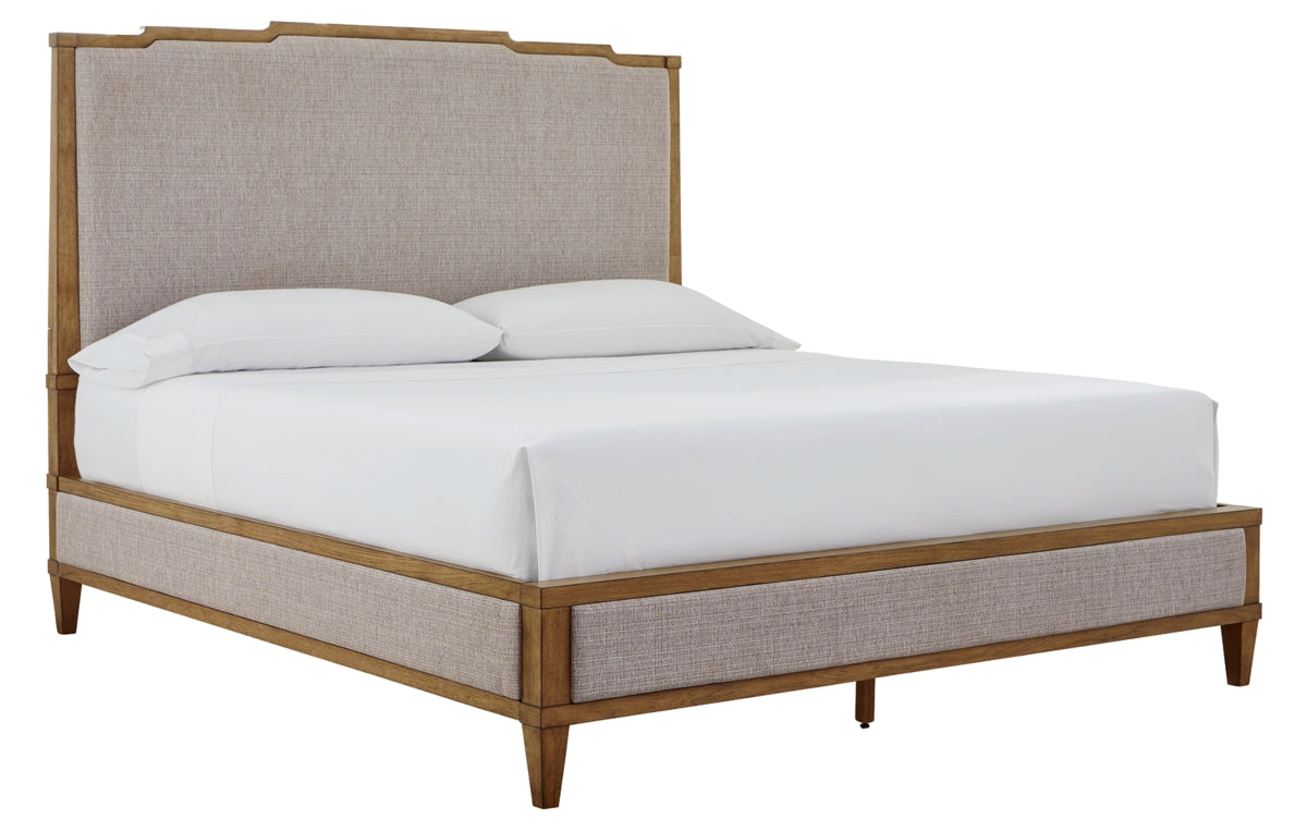 Sharlance King Upholstered Panel Bed with Mirrored Dresser, Chest and Nightstand