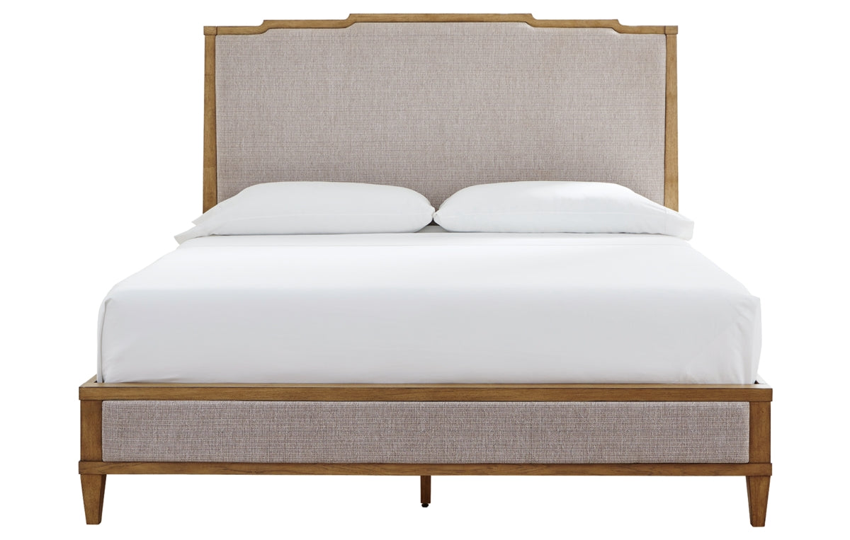 Sharlance King Upholstered Panel Bed with Mirrored Dresser, Chest and Nightstand