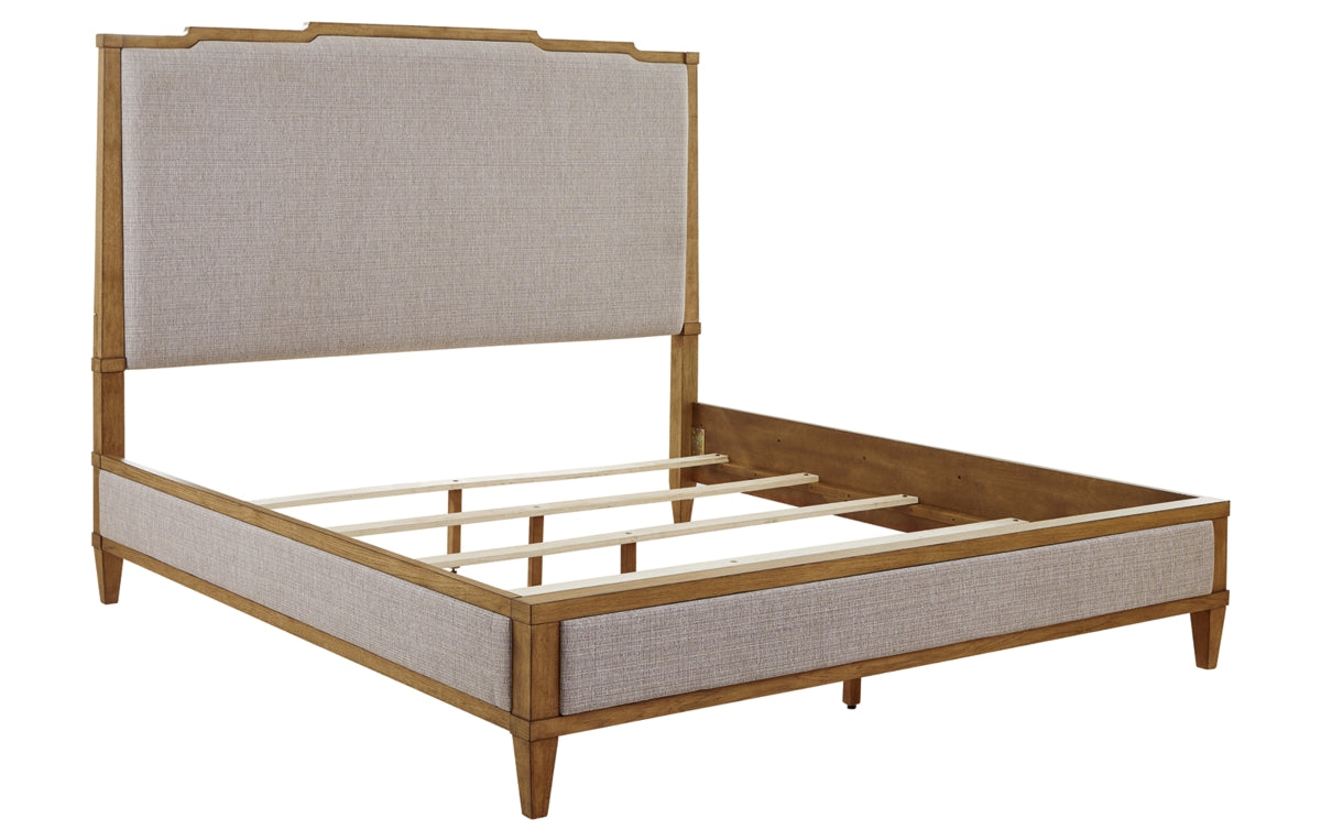 Sharlance California King Upholstered Panel Bed with Mirrored Dresser and Chest