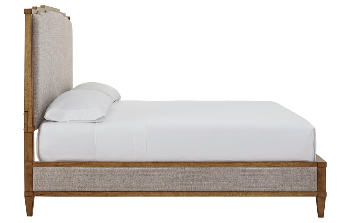 Sharlance King Upholstered Panel Bed with Mirrored Dresser, Chest and Nightstand