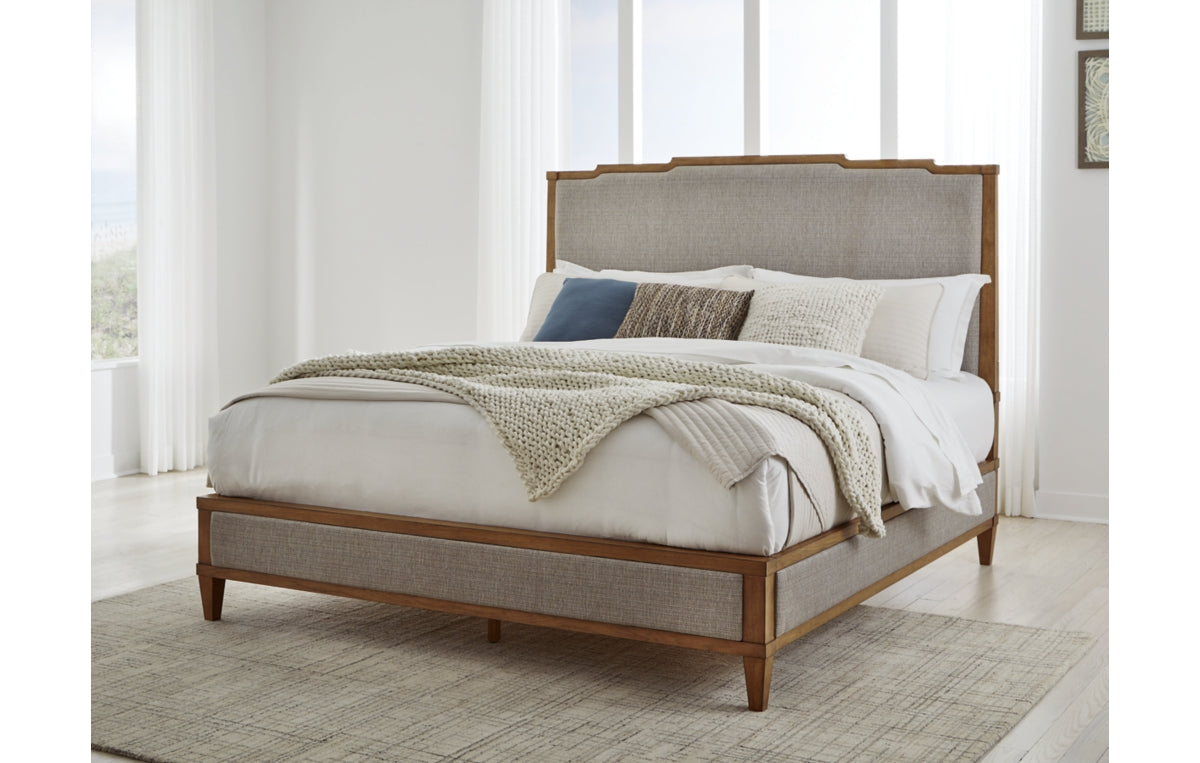 Sharlance California King Upholstered Panel Bed with Mirrored Dresser and Chest