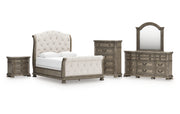 Ardenfield Queen Upholstered Sleigh Bed with Mirrored Dresser, Chest and Nightstand