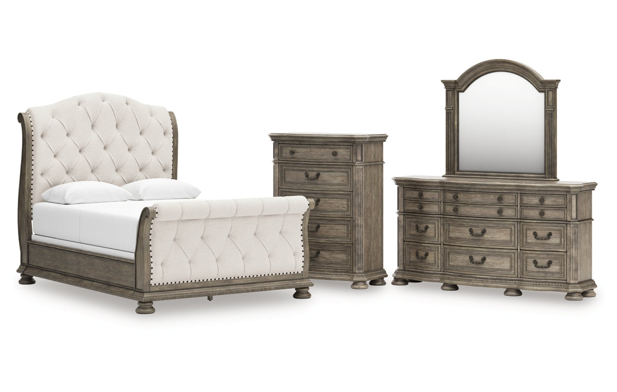 Ardenfield Queen Upholstered Sleigh Bed with Mirrored Dresser and Chest