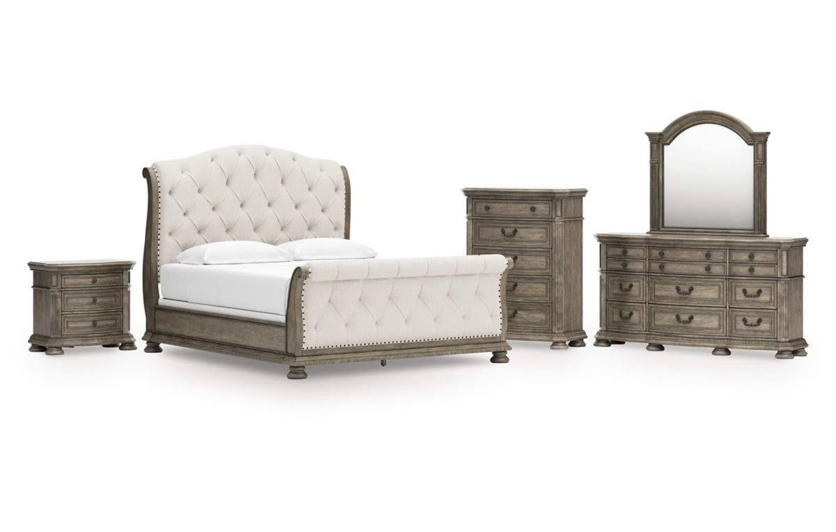 Ardenfield California King Upholstered Sleigh Bed, Dresser, Mirror, Chest and Nightstand