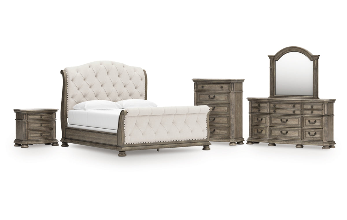 Ardenfield King Upholstered Sleigh Bed, Dresser, Mirror, Chest and Nightstand