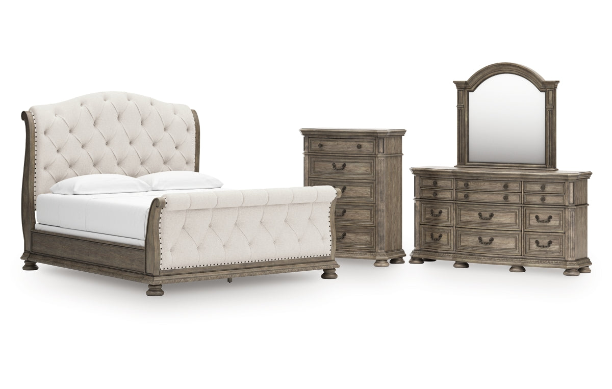 Ardenfield California King Upholstered Sleigh Bed with Mirrored Dresser and Chest