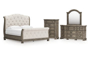 Ardenfield King Upholstered Sleigh Bed with Mirrored Dresser and Chest