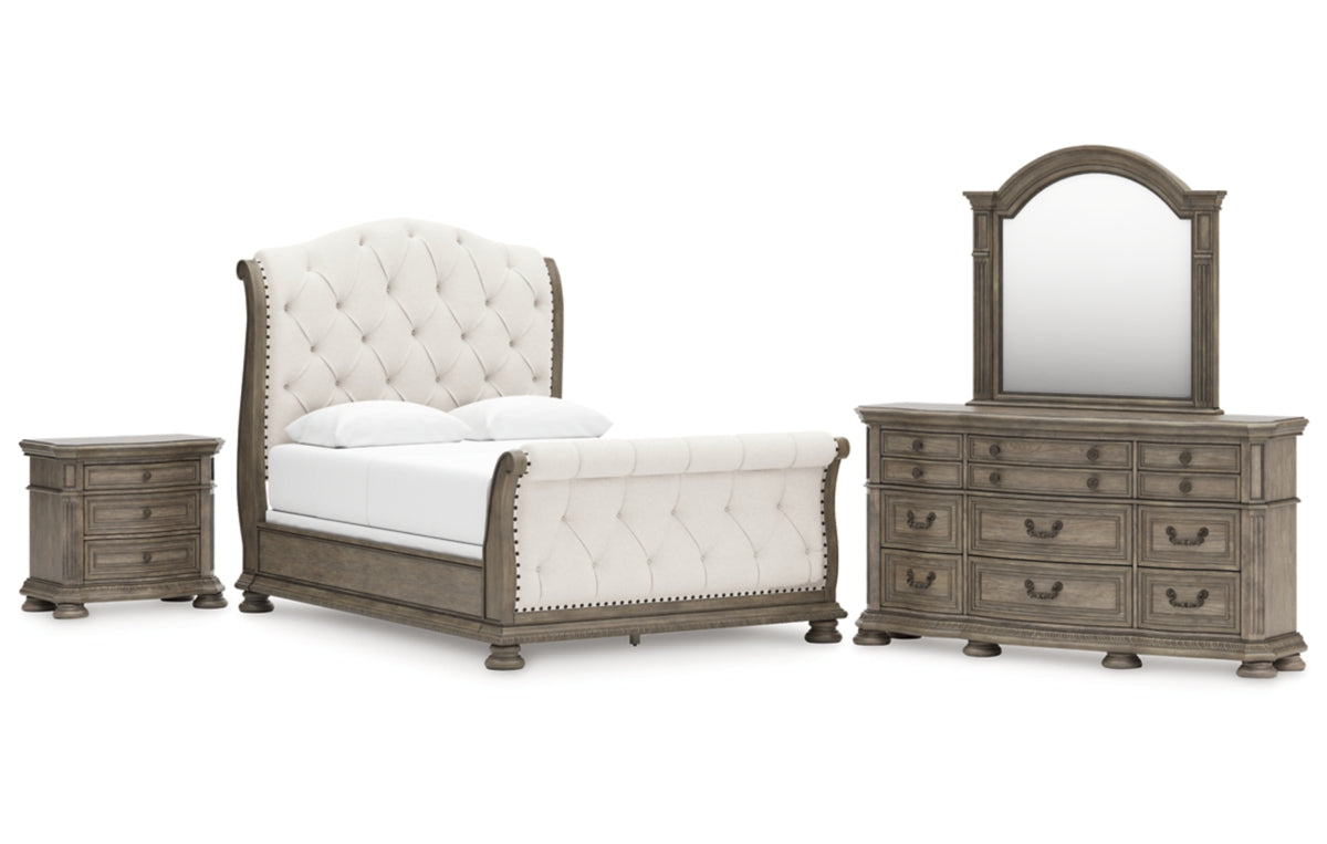 Ardenfield Queen Upholstered Sleigh Bed, Dresser, Mirror and Nightstand