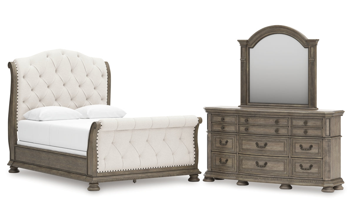 Ardenfield Queen Upholstered Sleigh Bed with Mirrored Dresser