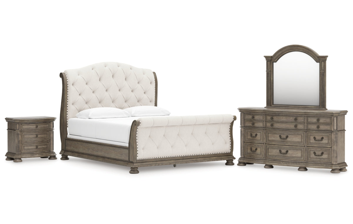 Ardenfield California King Upholstered Sleigh Bed with Mirrored Dresser and Nightstand