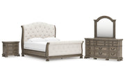 Ardenfield California King Upholstered Sleigh Bed with Mirrored Dresser and Nightstand