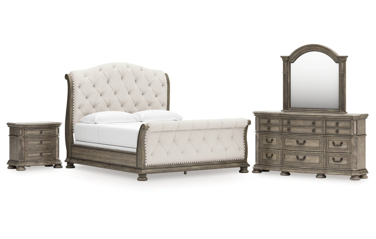 Ardenfield King Upholstered Sleigh Bed, Dresser, Mirror and Nightstand