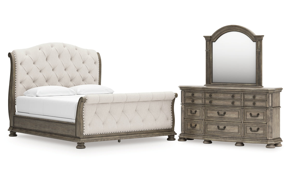 Ardenfield California King Upholstered Sleigh Bed, Dresser and Mirror