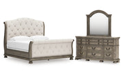 Ardenfield King Upholstered Sleigh Bed with Mirrored Dresser