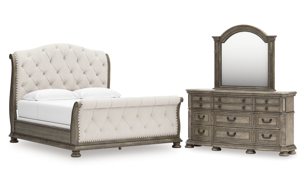 Ardenfield King Upholstered Sleigh Bed, Dresser and Mirror