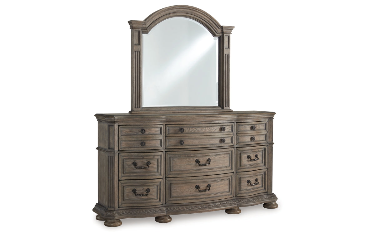 Ardenfield Queen Upholstered Sleigh Bed, Dresser and Mirror