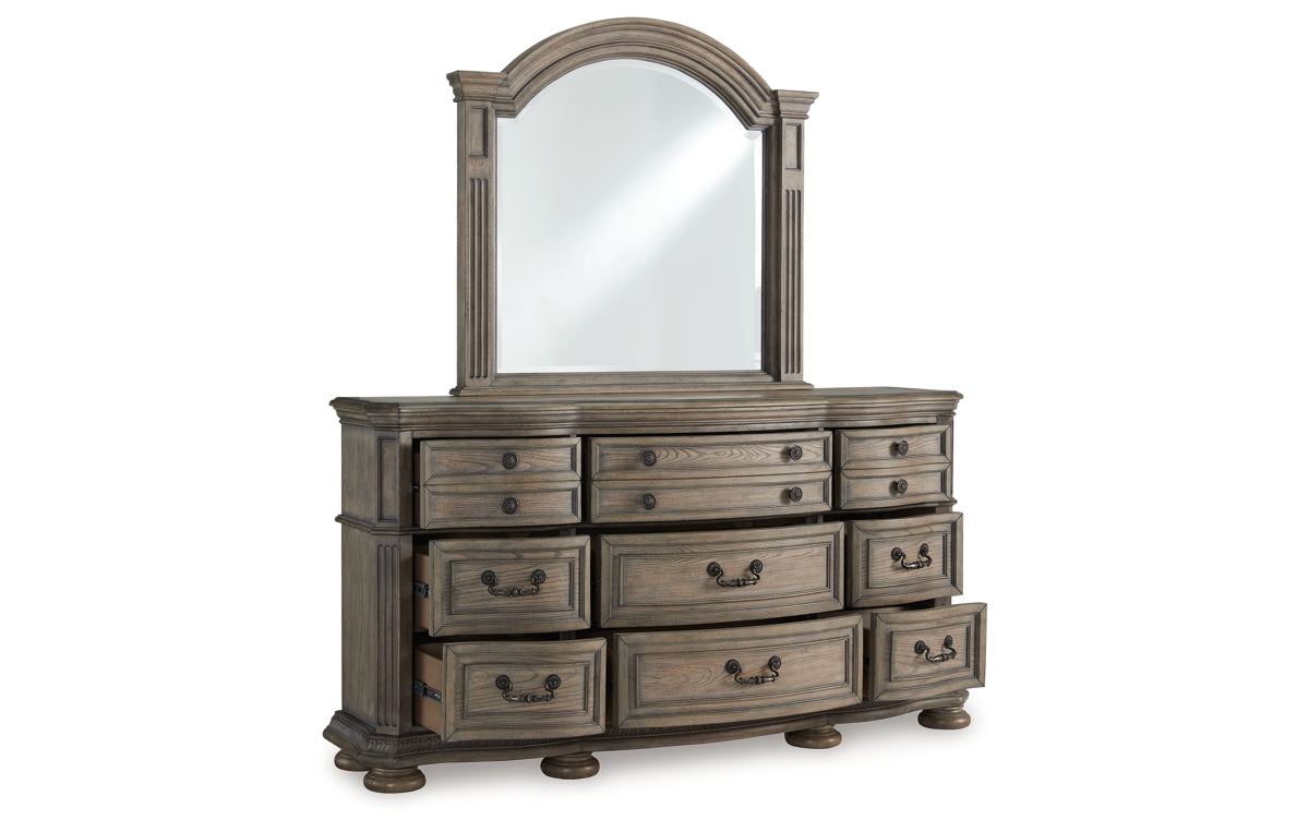 Ardenfield California King Upholstered Sleigh Bed, Dresser and Mirror