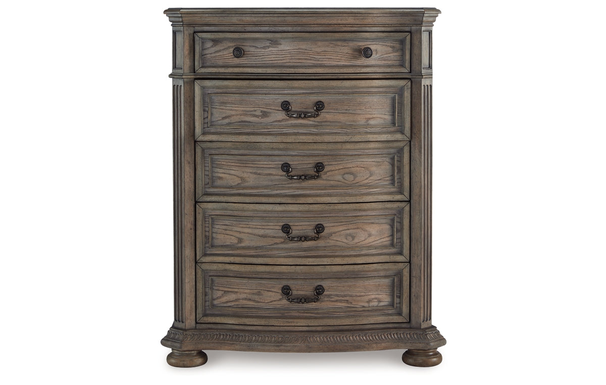 Ardenfield Queen Upholstered Sleigh Bed with Mirrored Dresser and Chest