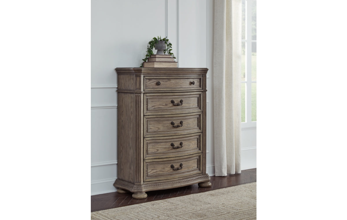 Ardenfield California King Upholstered Sleigh Bed with Mirrored Dresser and Chest