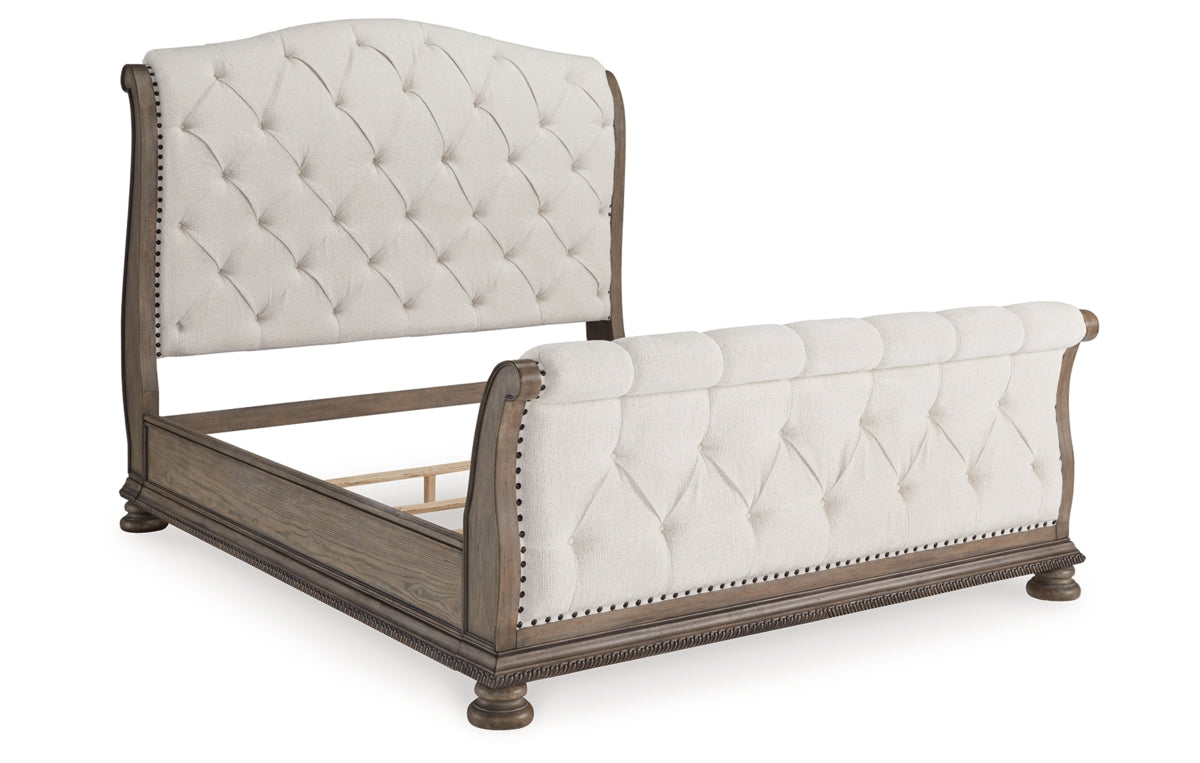 Ardenfield King Upholstered Sleigh Bed with Mirrored Dresser, Chest and Nightstand