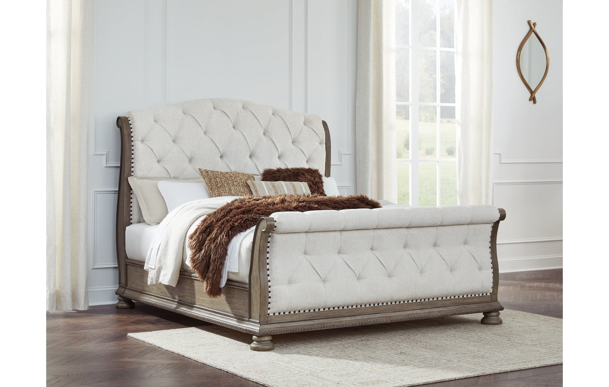 Ardenfield King Upholstered Sleigh Bed with Mirrored Dresser, Chest and Nightstand