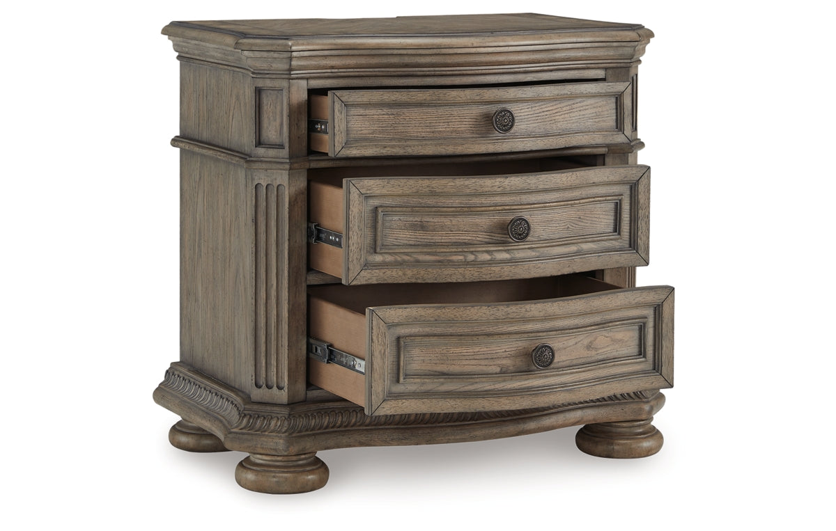 Ardenfield California King Upholstered Sleigh Bed with Mirrored Dresser and Nightstand