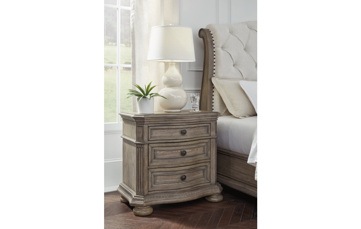 Ardenfield California King Upholstered Sleigh Bed with Mirrored Dresser and Nightstand