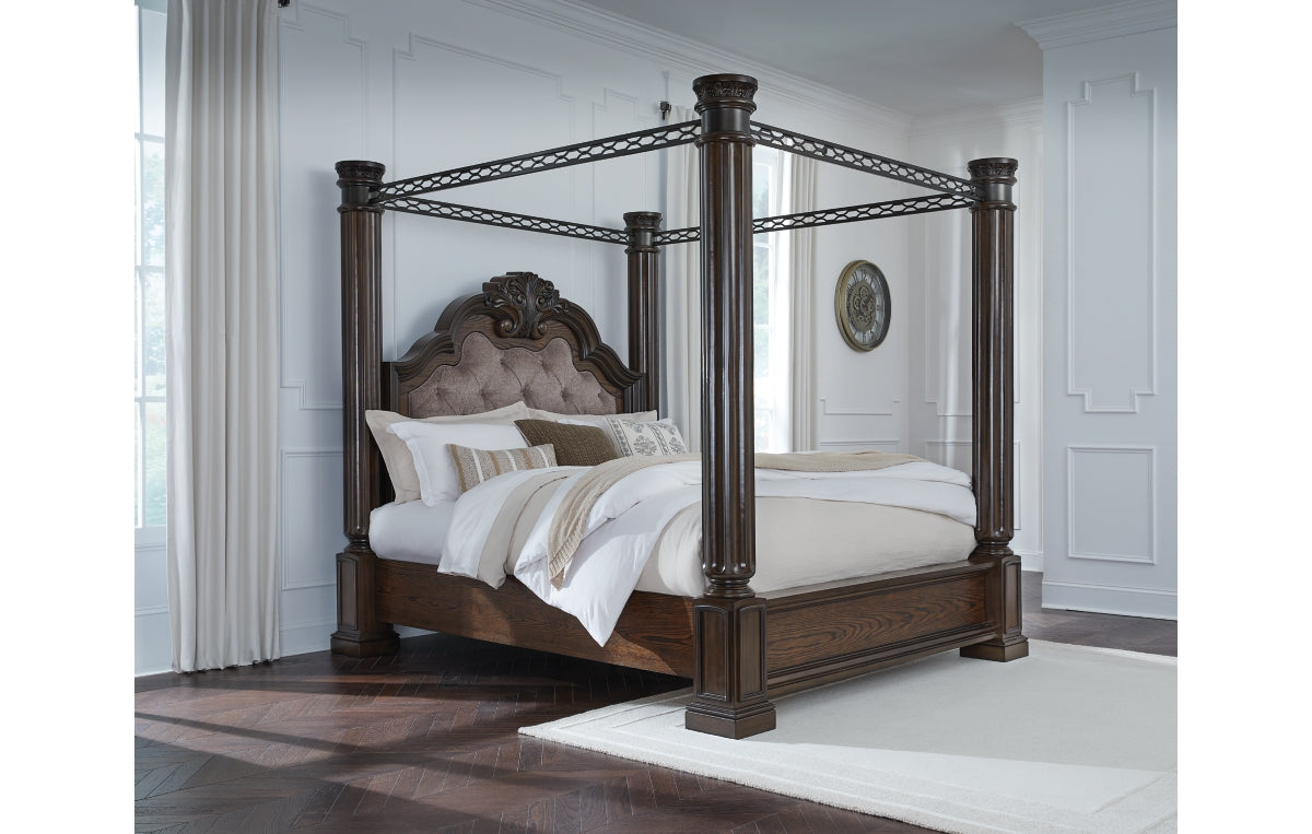 Maylee California King Canopy Bed, Dresser, Mirror, Chest and Nightstand