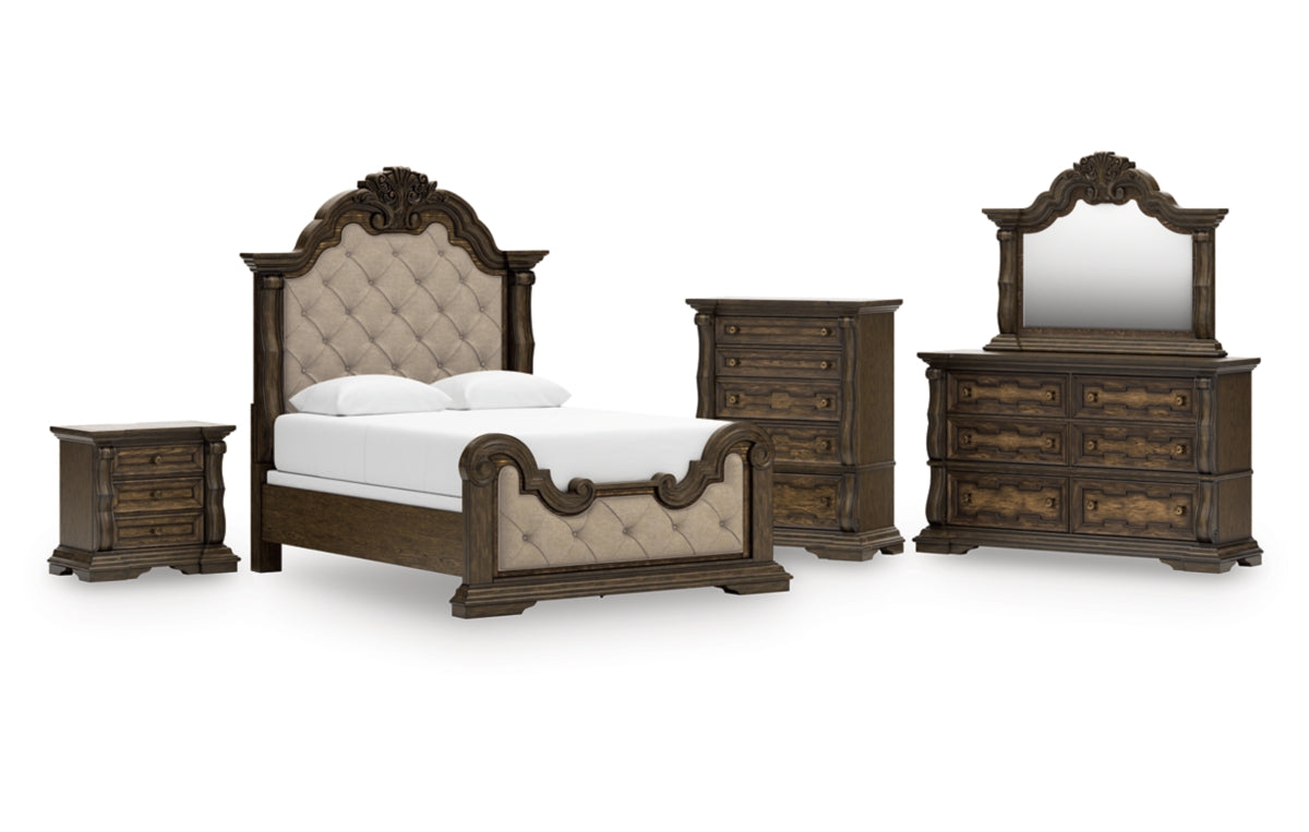 Maylee Queen Upholstered Bed, Dresser, Mirror, Chest and Nightstand