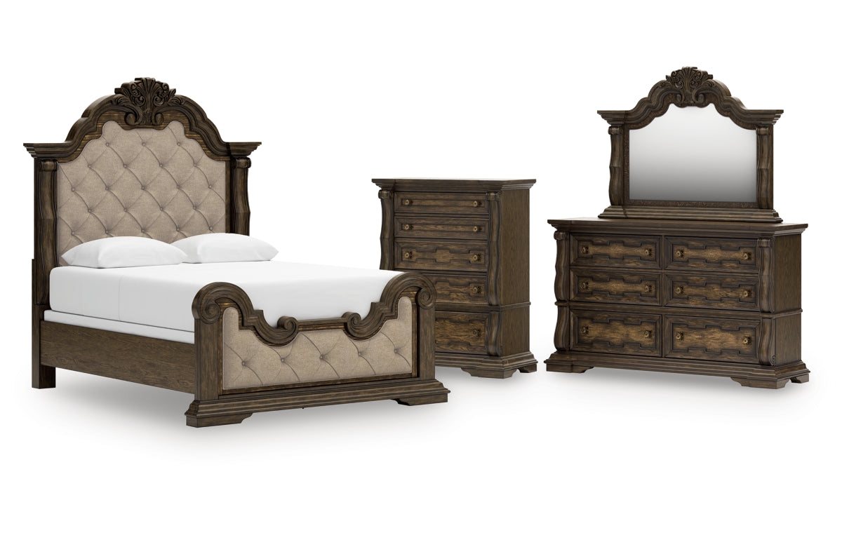 Maylee Queen Upholstered Bed with Mirrored Dresser and Chest