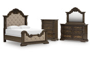 Maylee Queen Upholstered Bed with Mirrored Dresser and Chest