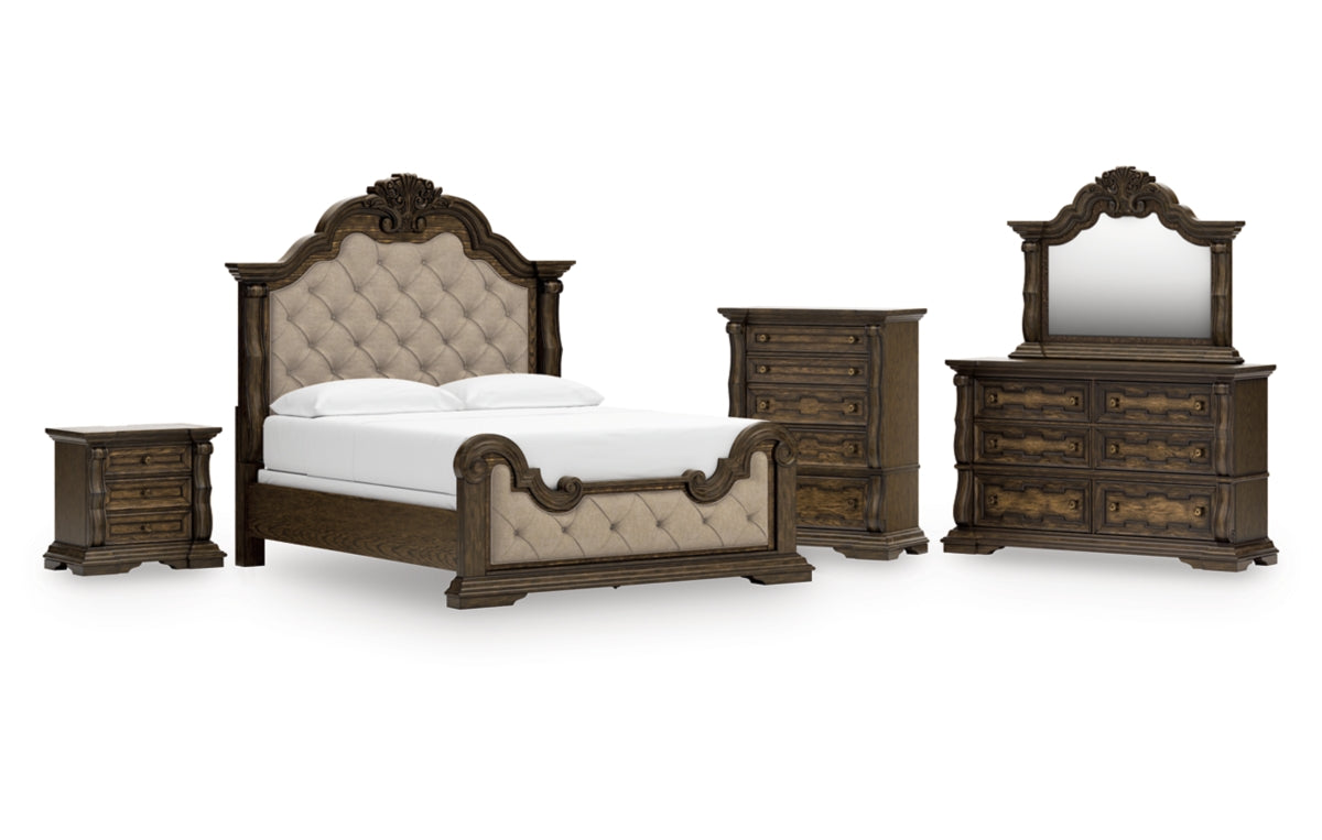Maylee California King Upholstered Bed, Dresser, Mirror, Chest and Nightstand