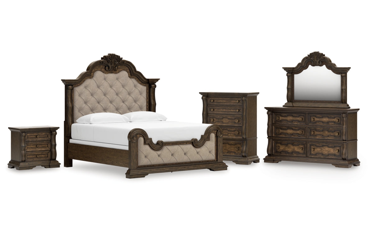 Maylee King Upholstered Bed with Mirrored Dresser, Chest and Nightstand