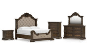 Maylee King Upholstered Bed, Dresser, Mirror, Chest and Nightstand